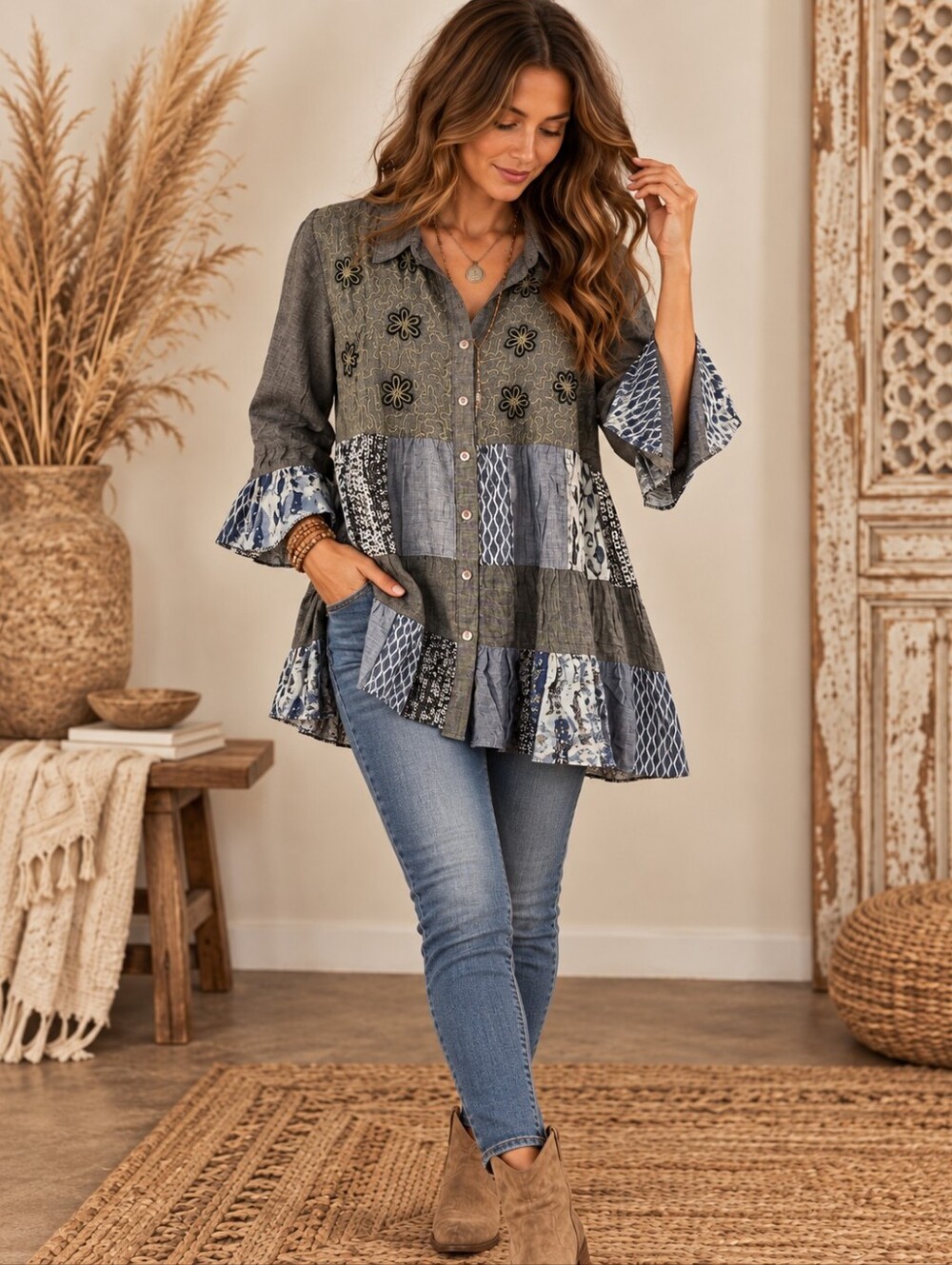 548.Bohemian Patchwork Floral Button-Front Tunic Top - Gray/Blue